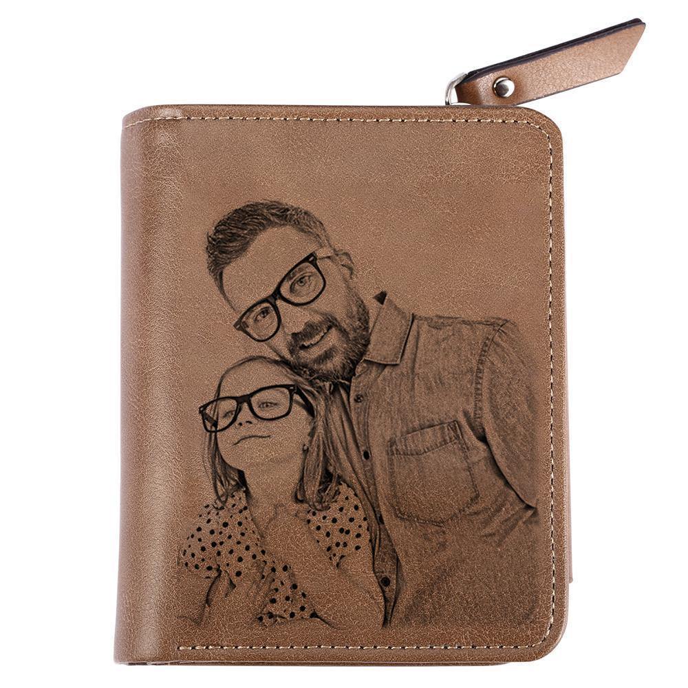 Men's Short Style Custom Inscription Photo Wallet Two Pictures - Brown Leather - soufeelus