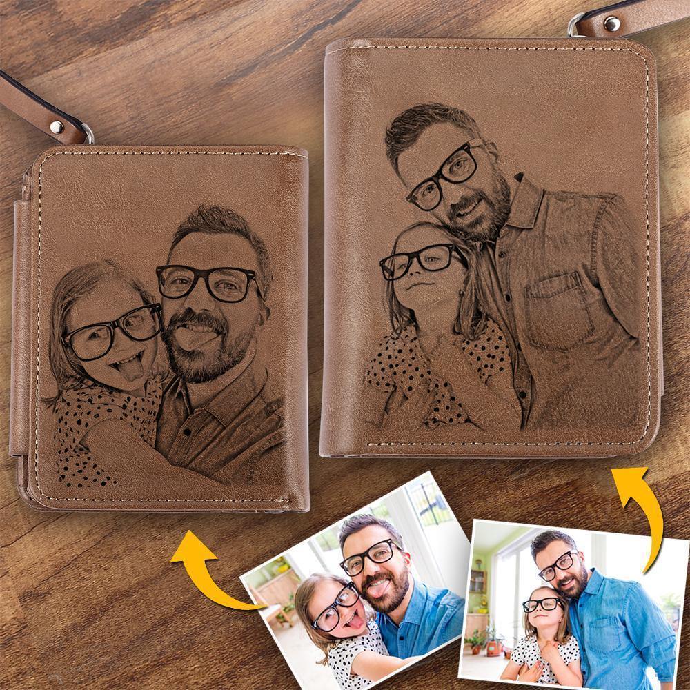 Men's Short Style Custom Inscription Photo Wallet Two Pictures - Brown Leather - soufeelus