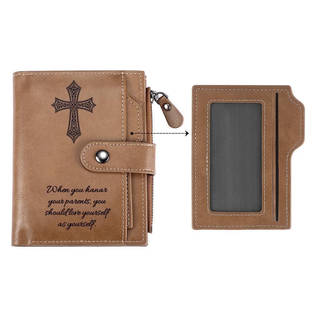 Men's Short Style Custom Inscription Photo Engraved Wallet with Cross Pattern - Brown Leather - soufeelus