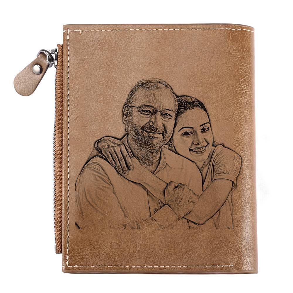 Men's Short Style Custom Inscription Photo Engraved Wallet with Cross Pattern - Brown Leather - soufeelus