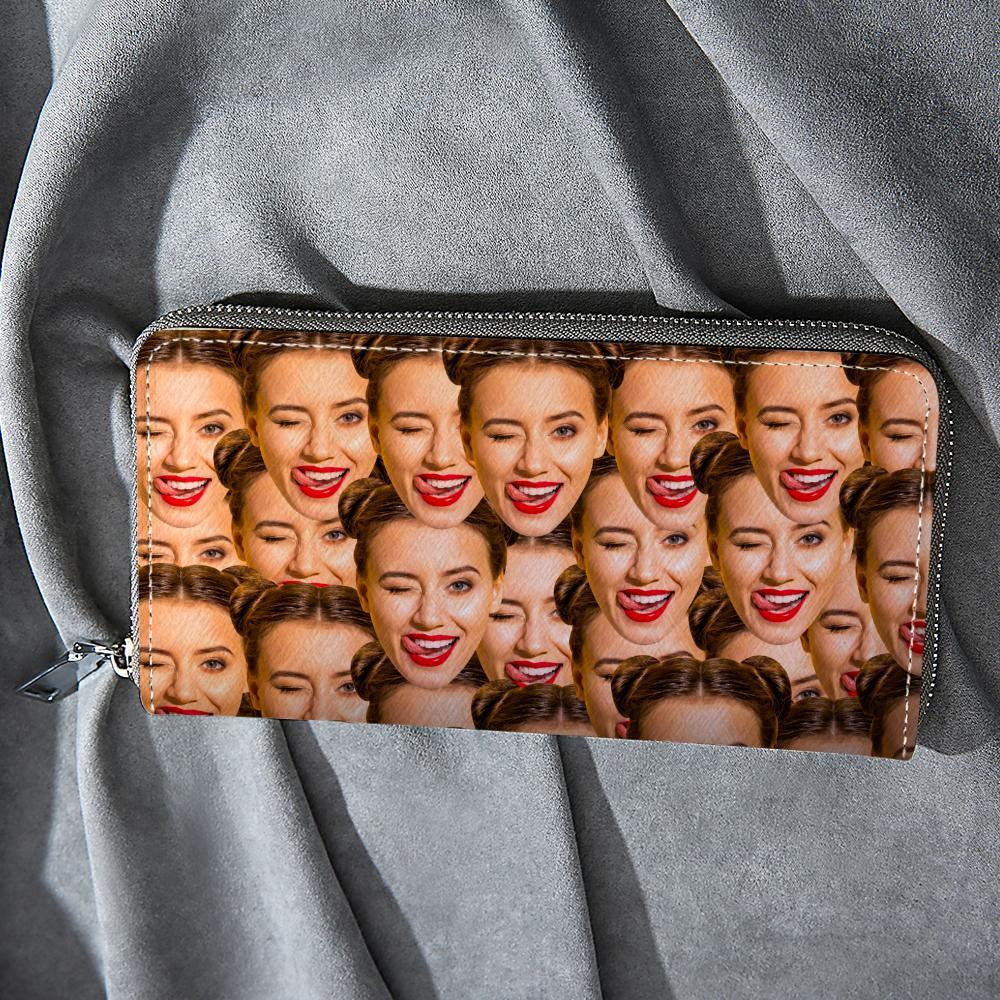 Custom Women's Wallet Long Style Wallet Inscription Photo Face Zipper Leather Wallet Gift For Her - soufeelus