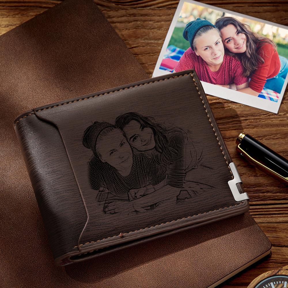 Custom Photo Engraved Wallet Short Style Bifold, Gift for Friend - Coffee Leather