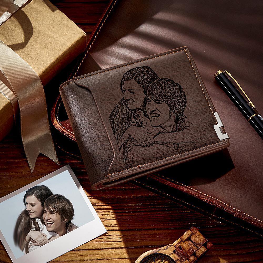 Custom Photo Engraved Wallet Short Style Bifold, Gift for Friend - Coffee Leather