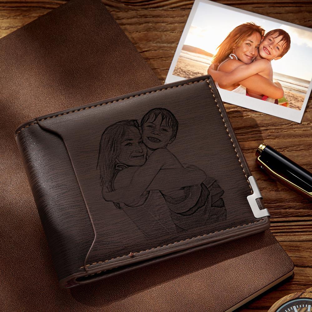 Custom Photo Engraved Wallet Short Style Bifold, Gift for Mother - Coffee Leather