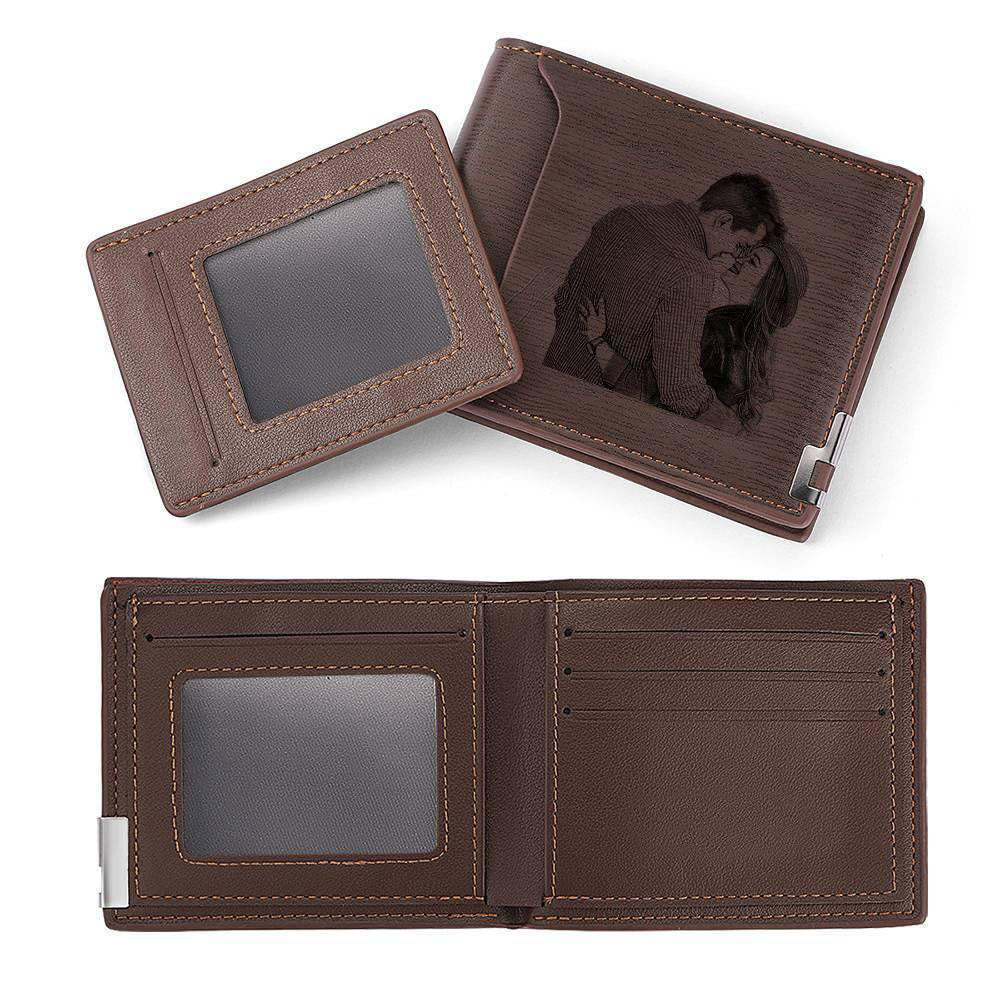 Custom Photo Engraved Wallet Short Style Bifold, Gift for Mother - Coffee Leather