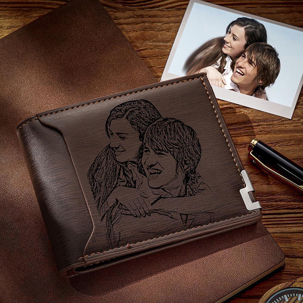 Custom Photo Engraved Wallet Short Style Bifold, Gift for Him - Coffee Leather - soufeelus