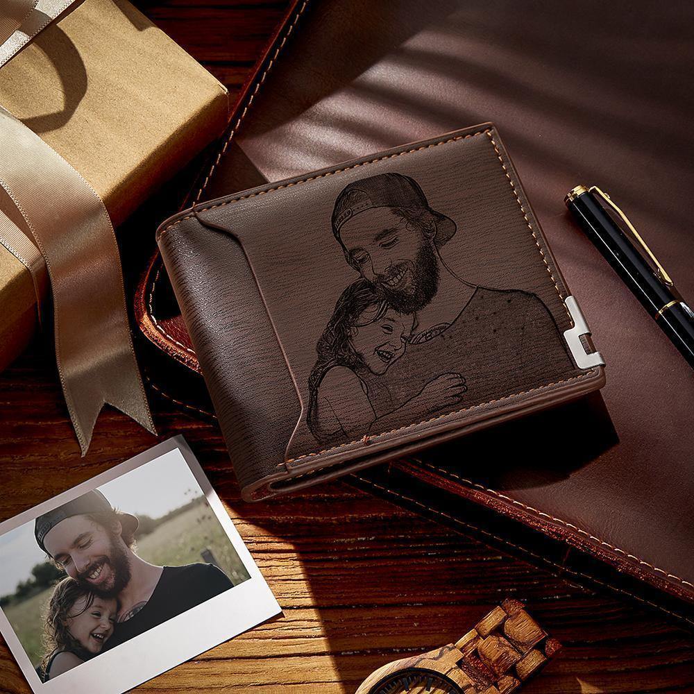 Custom Photo Engraved Wallet Short Style Bifold - Coffee Leather - soufeelus