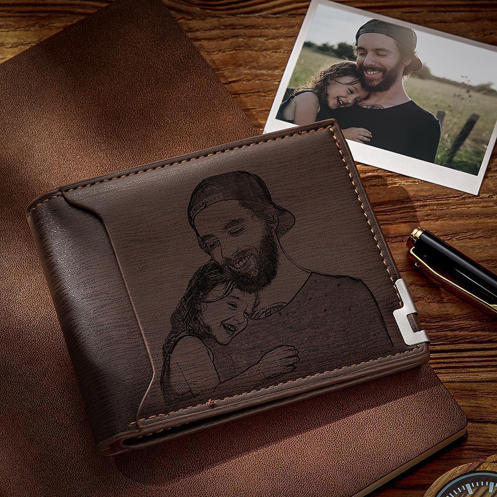 Custom Photo Engraved Wallet Short Style Bifold - Coffee Leather - soufeelus