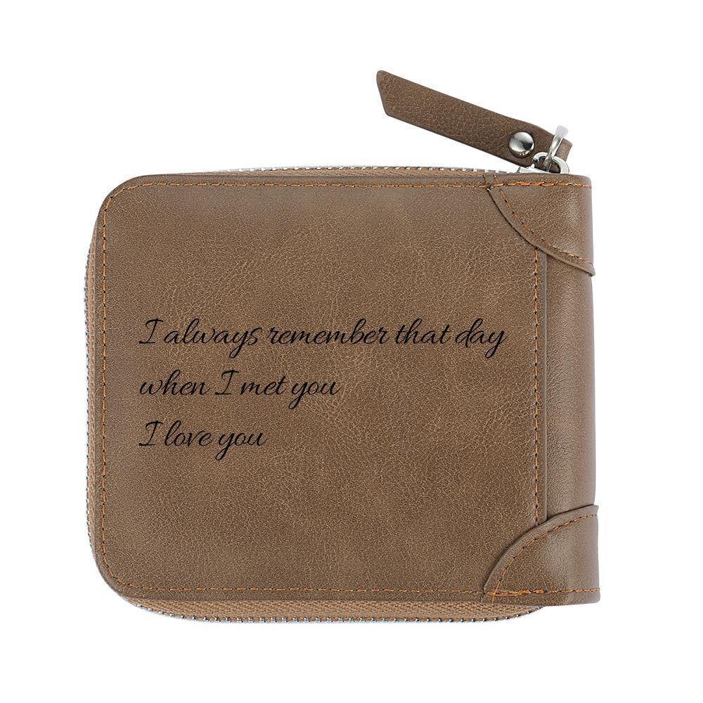 Custom Inscription Photo Engraved Wallet with Zipper, Short Style - Brown Leather - soufeelus