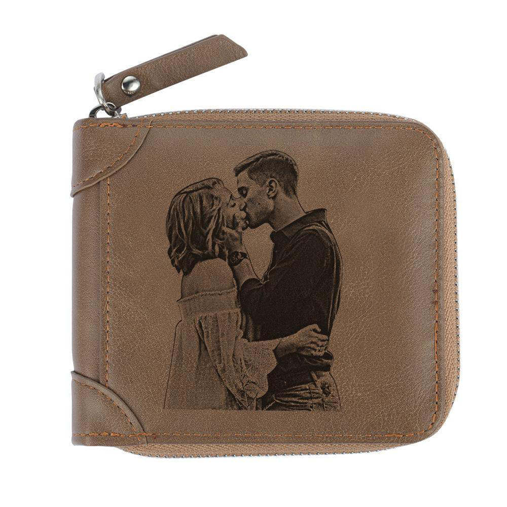 Custom Inscription Photo Engraved Wallet with Zipper, Short Style - Brown Leather