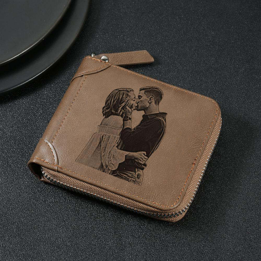 Custom Inscription Photo Engraved Wallet with Zipper, Short Style - Brown Leather