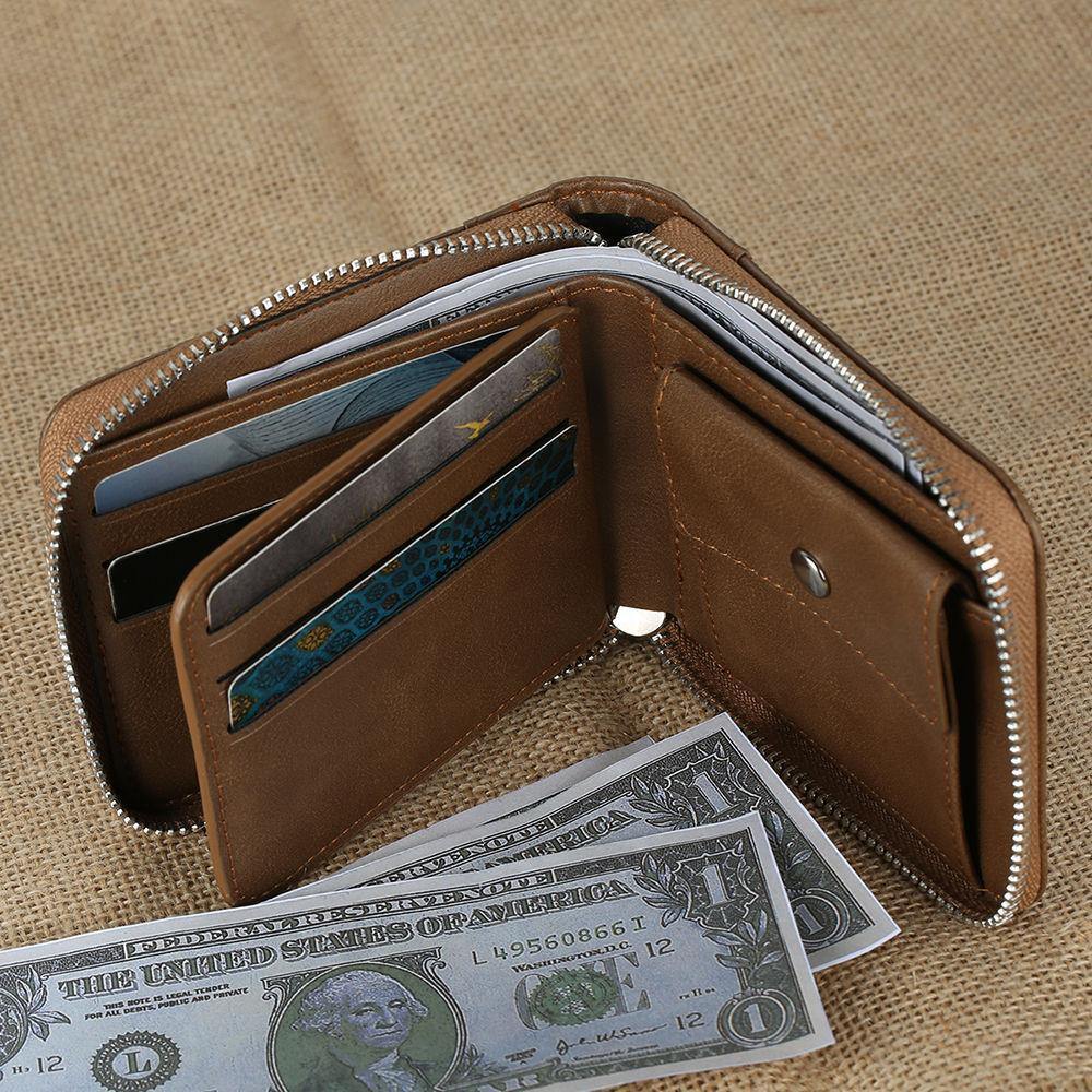 Custom Inscription Photo Engraved Wallet with Zipper, Short Style - Brown Leather - soufeelus