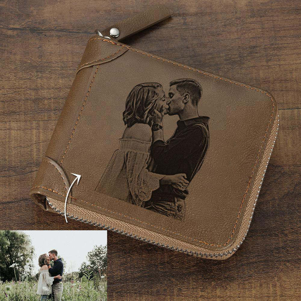 Custom Inscription Photo Engraved Wallet with Zipper, Short Style - Brown Leather