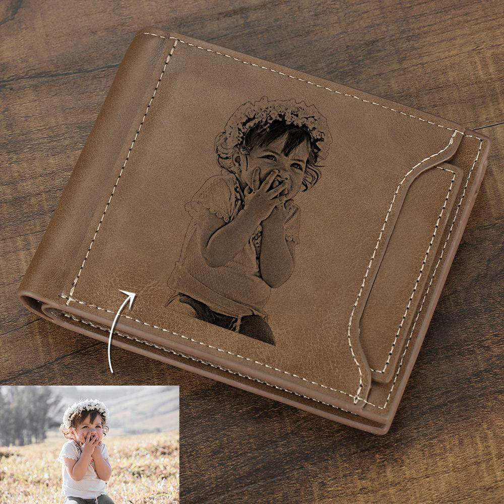 Custom Photo Engraved Wallet Short Style Bifold - Brown Leather