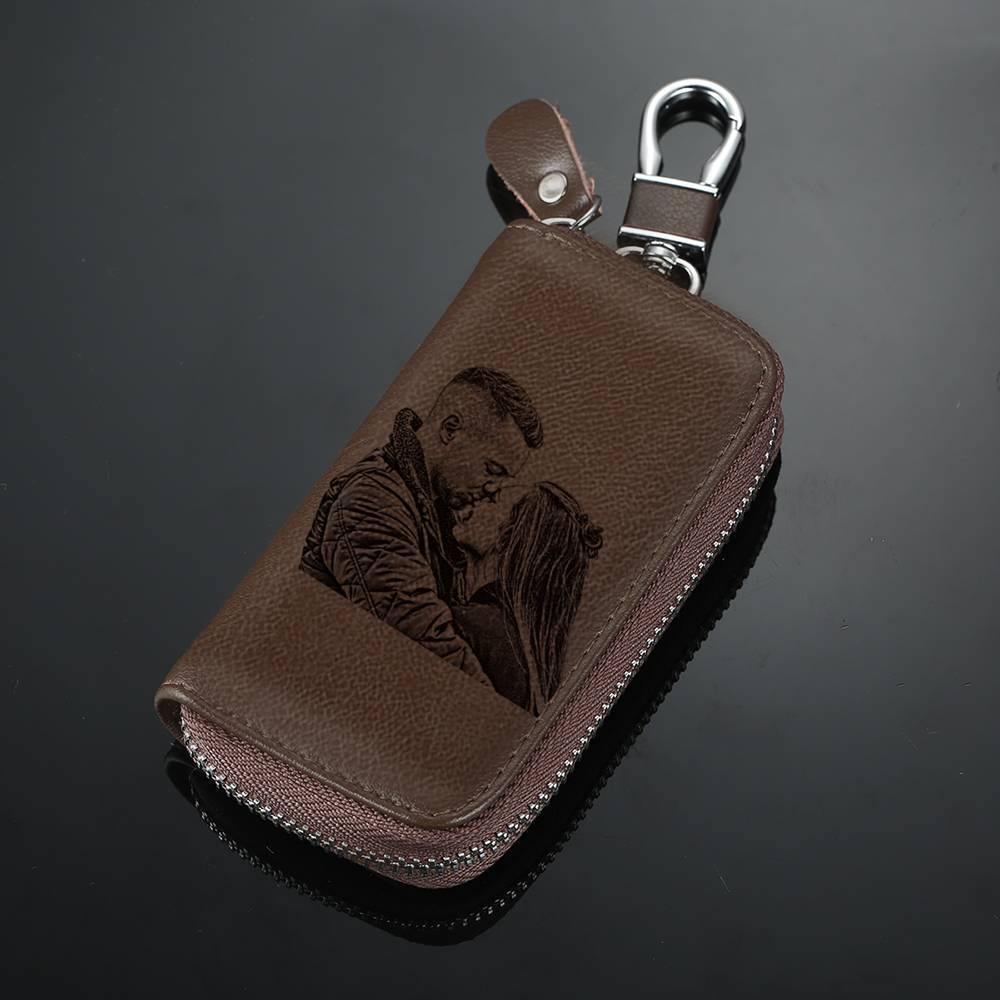 Photo Engraved Key Wallet, Leather Key Case Brown - soufeelus