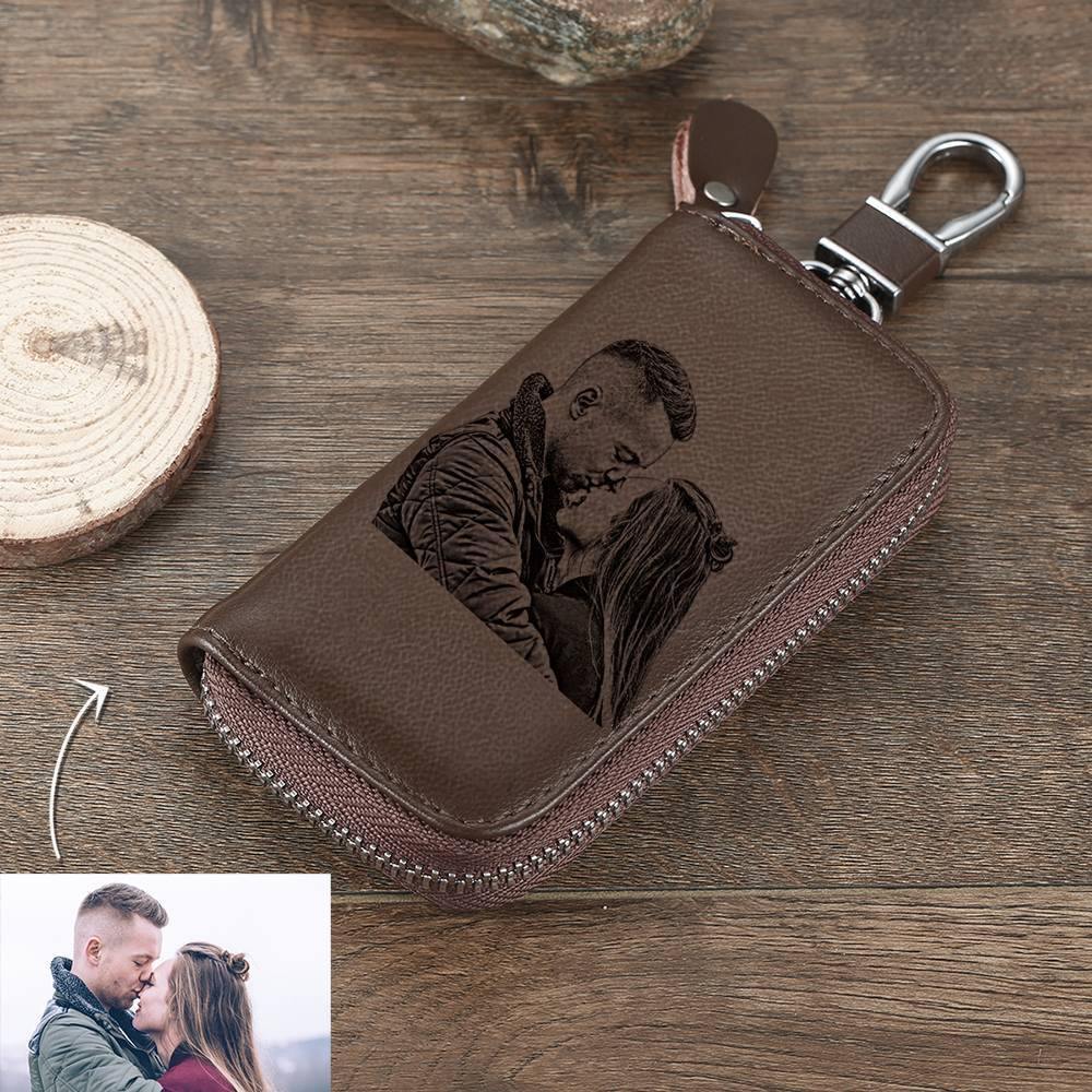 Photo Engraved Key Wallet, Leather Key Case Brown - soufeelus