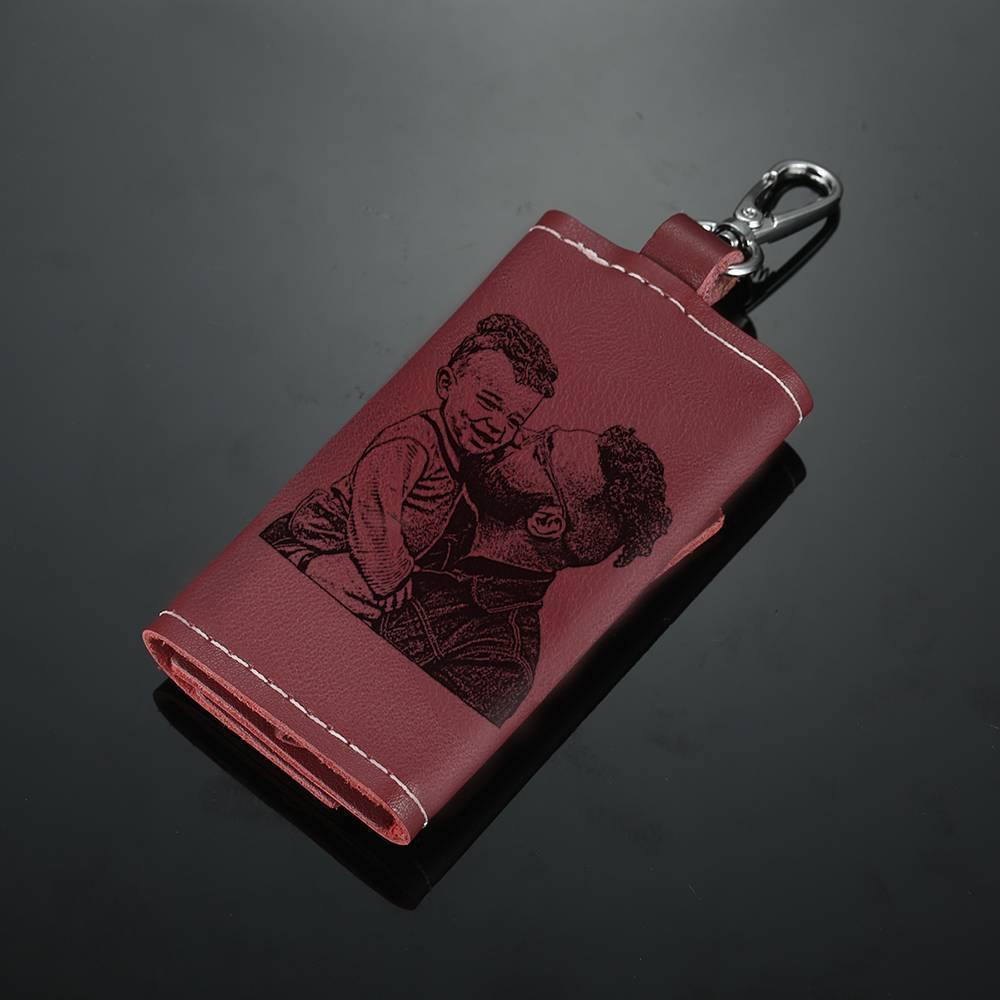 Photo Leather Key Case, Key Holder Wallet Dark Red - soufeelus