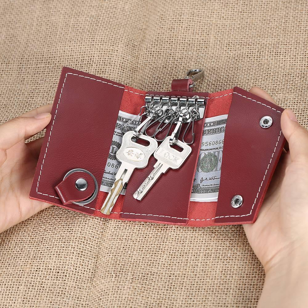 Photo Leather Key Case, Key Holder Wallet Dark Red - soufeelus