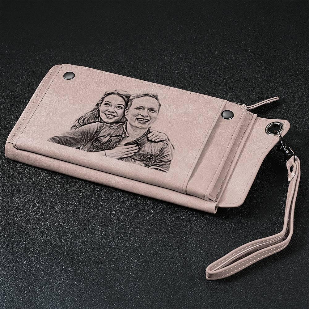 Photo Engraved Wallet Long Style Leather, Keepsake Gift - Pink - soufeelus