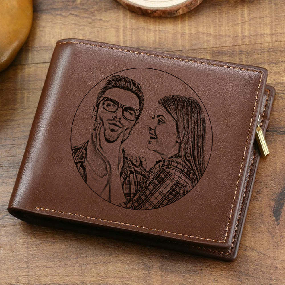 Custom Engraved Photo Wallet Leather Wallet with Zipper for Men - soufeelus