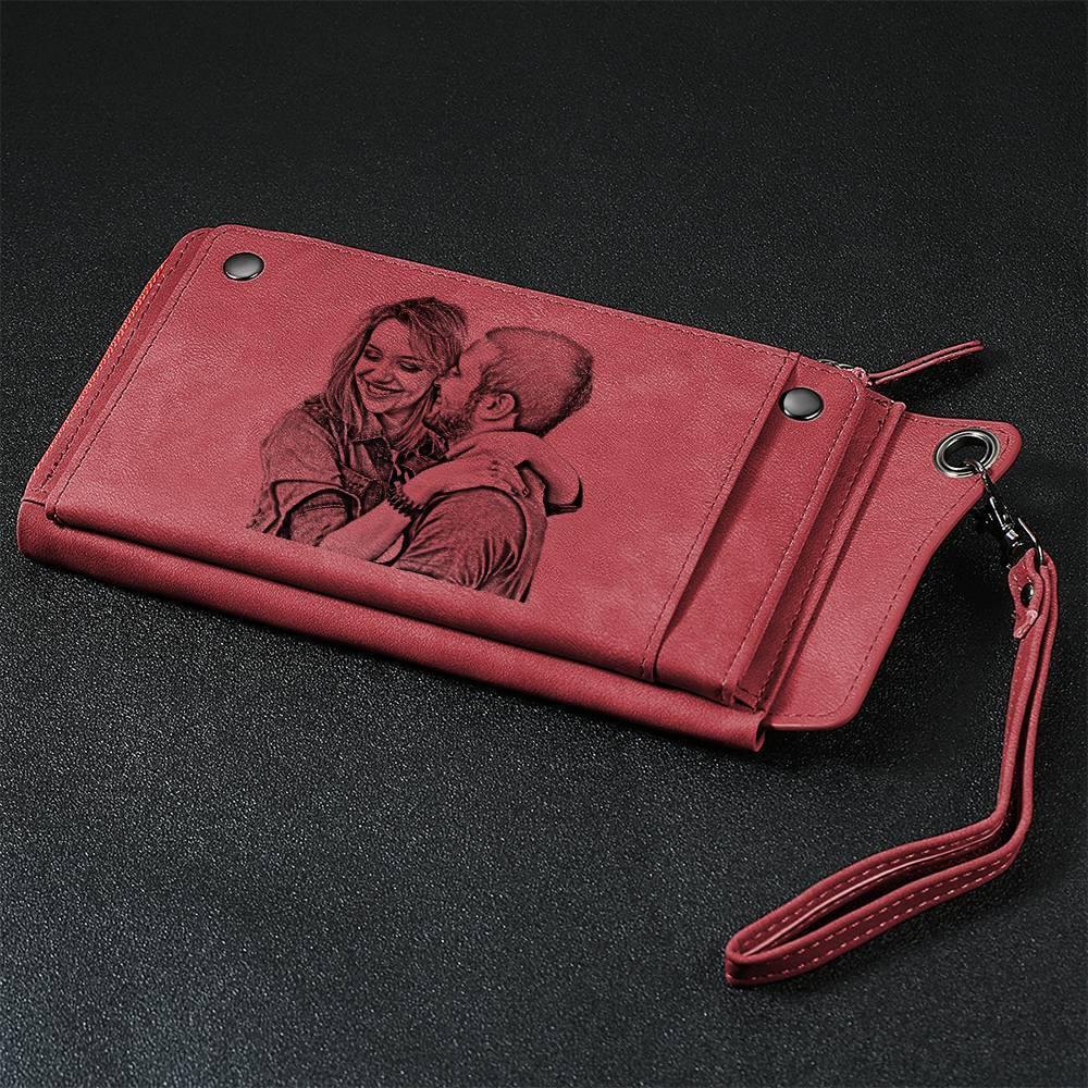 Photo Engraved Wallet Long Style Leather Red - Women's - soufeelus