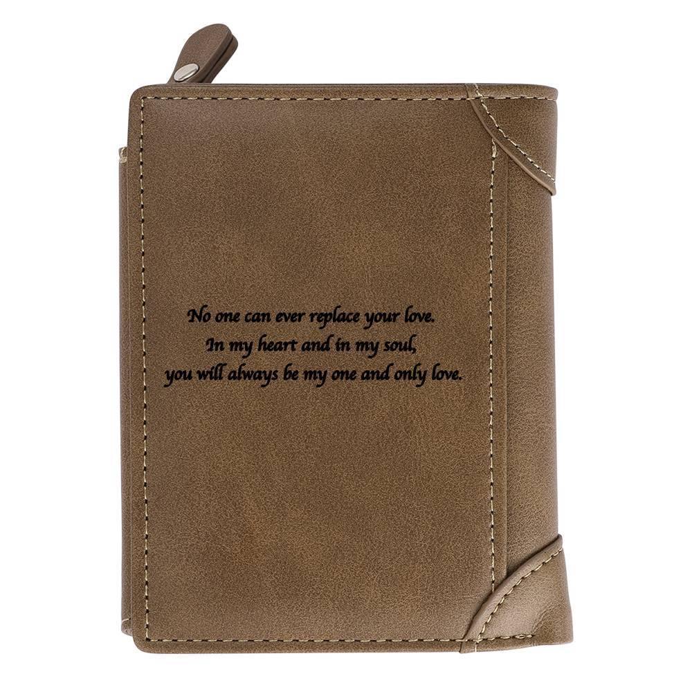 Custom Inscription Photo Engraved Wallet Leather Light Khaki - soufeelus