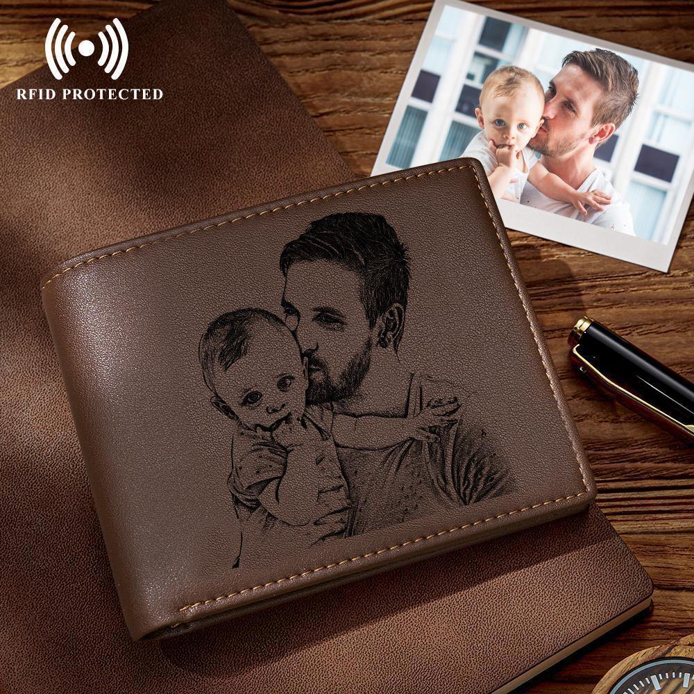 Custom Photo Engraved Wallet -Wallet Anti-Theft Brush RFID Protected for Him or Her Men's Billfold Brown - soufeelus