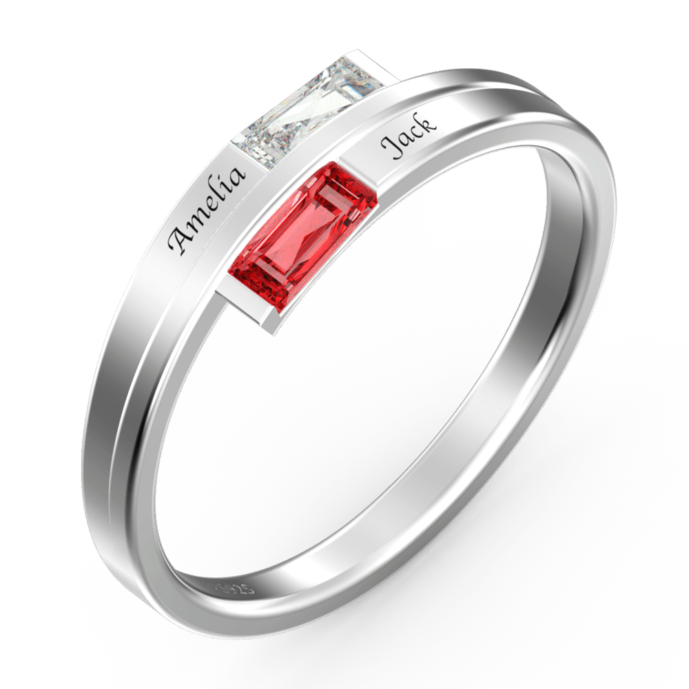 Personalized Birthstone Double Baguette Bypass Promise Ring with Engraving Silver