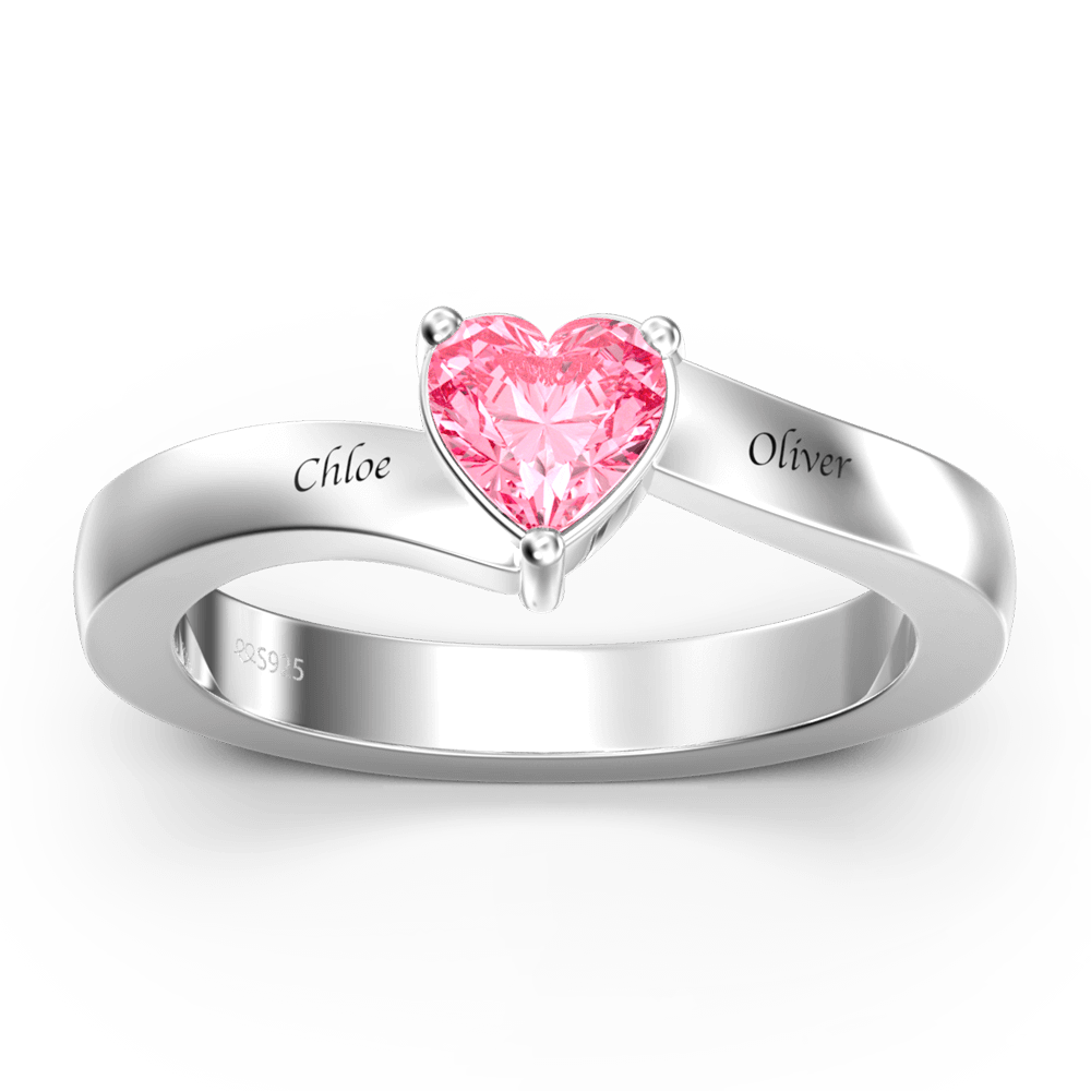 Personalized Heart Birthstone Promise Ring with Engraving Silver