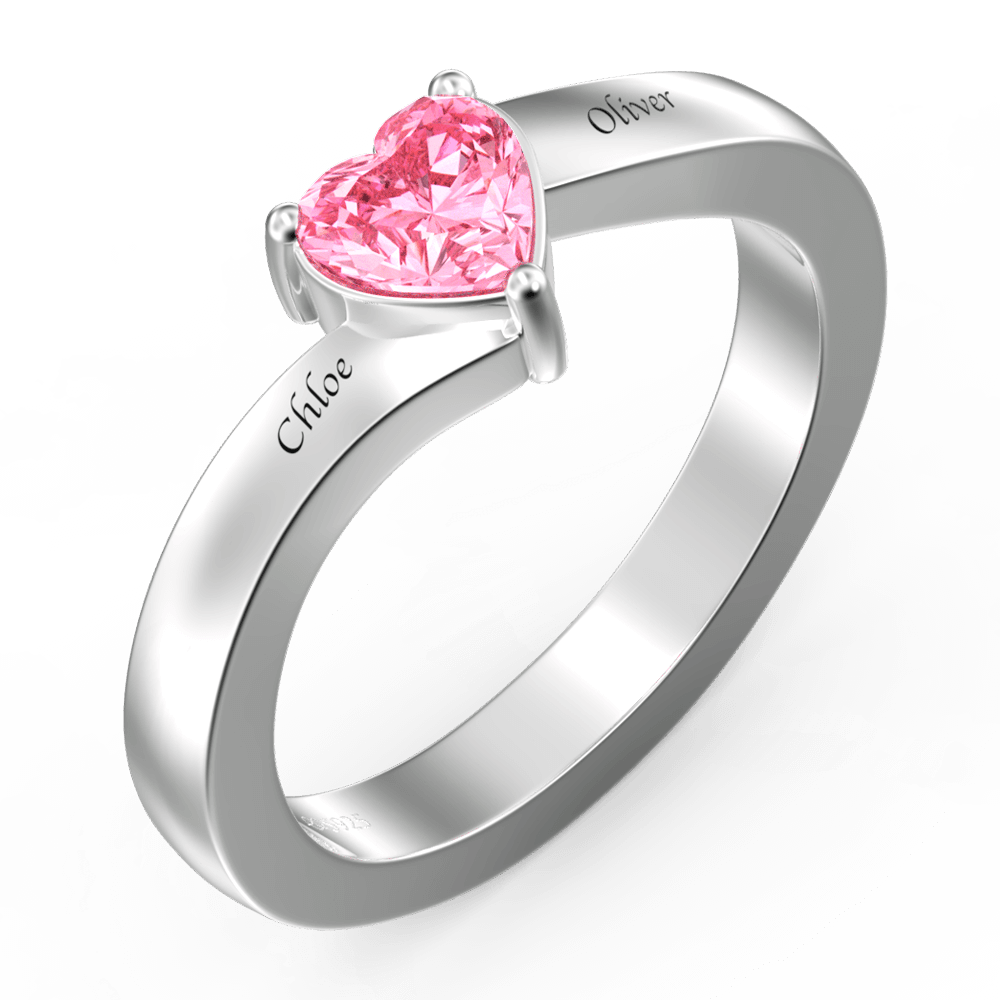 Personalized Heart Birthstone Promise Ring with Engraving Silver
