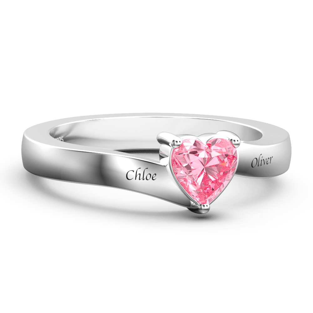 Personalized Heart Birthstone Promise Ring with Engraving Silver