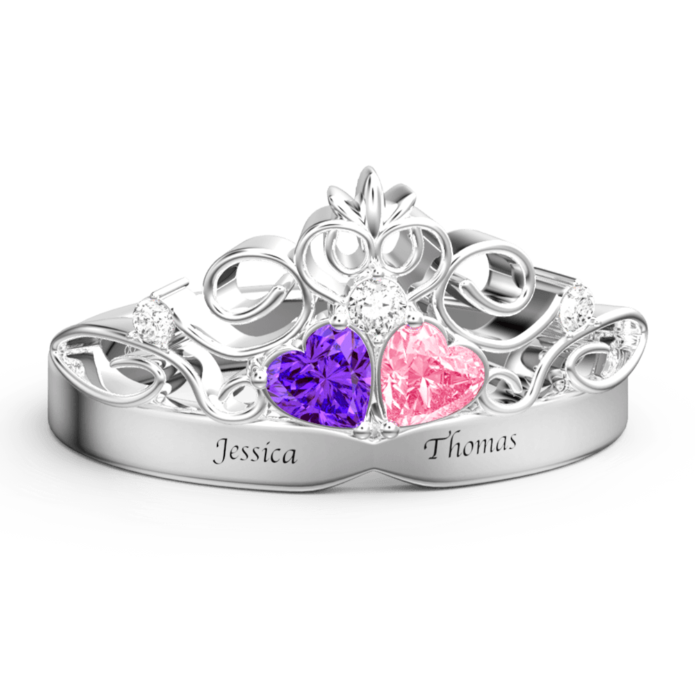 Personalized Heart Birthstone Crown Princess Promise Ring with Engraving Silver