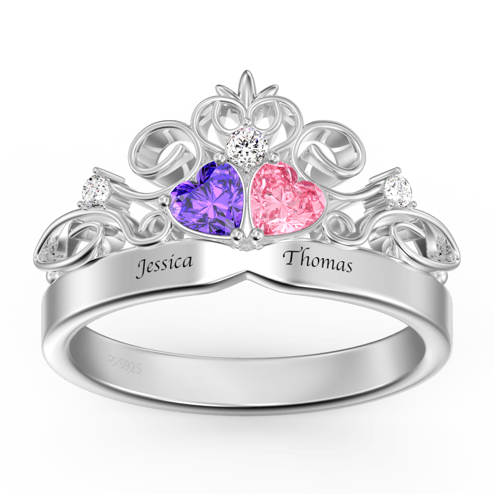 Personalized Heart Birthstone Crown Princess Promise Ring with Engraving Silver