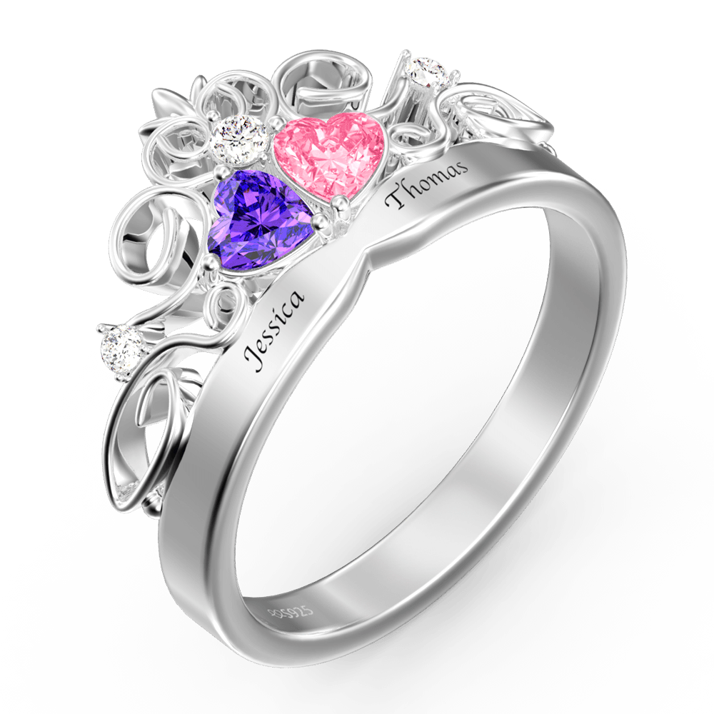 Personalized Heart Birthstone Crown Princess Promise Ring with Engraving Silver