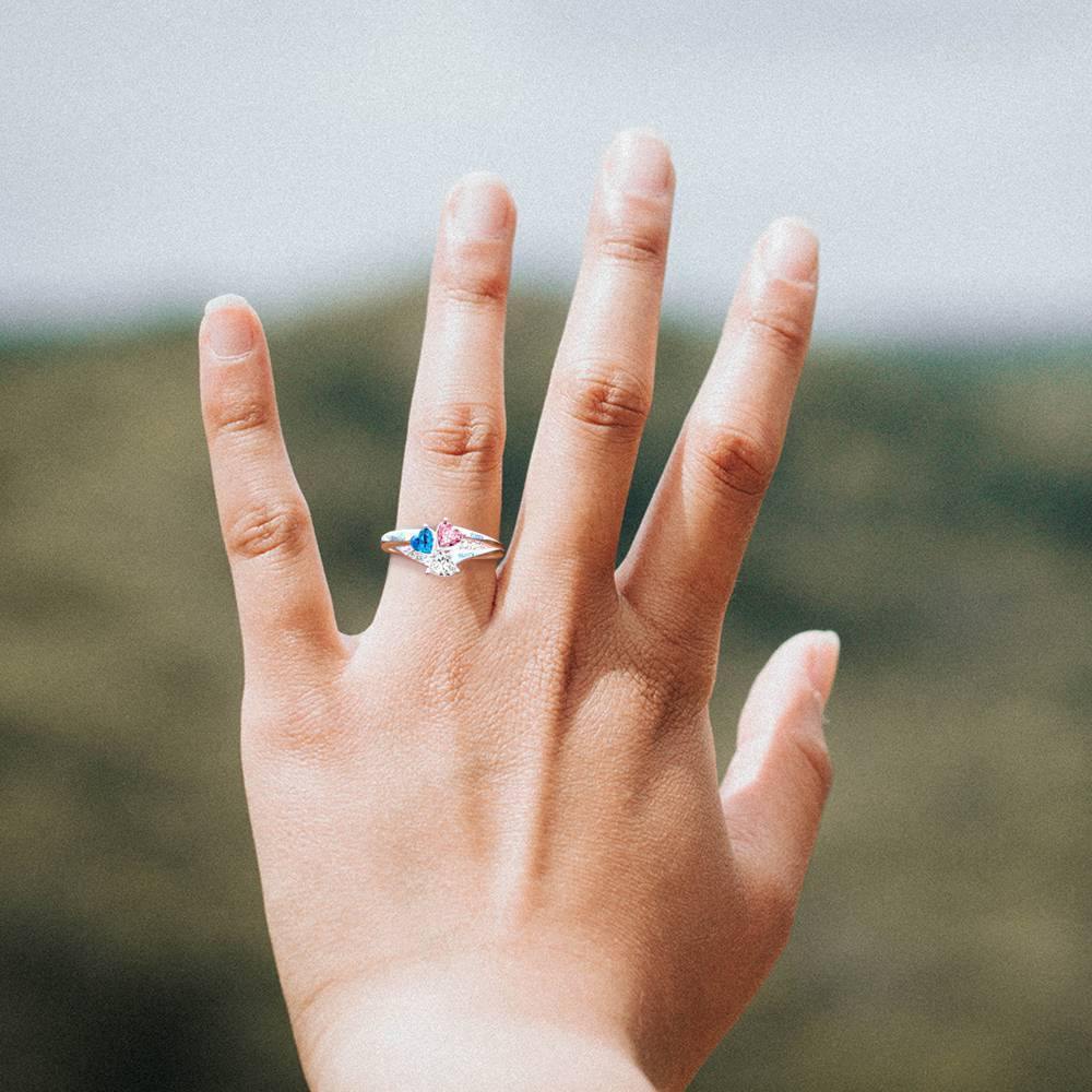 Personalized Heart Birthstone Mother's Ring with Engraving Silver