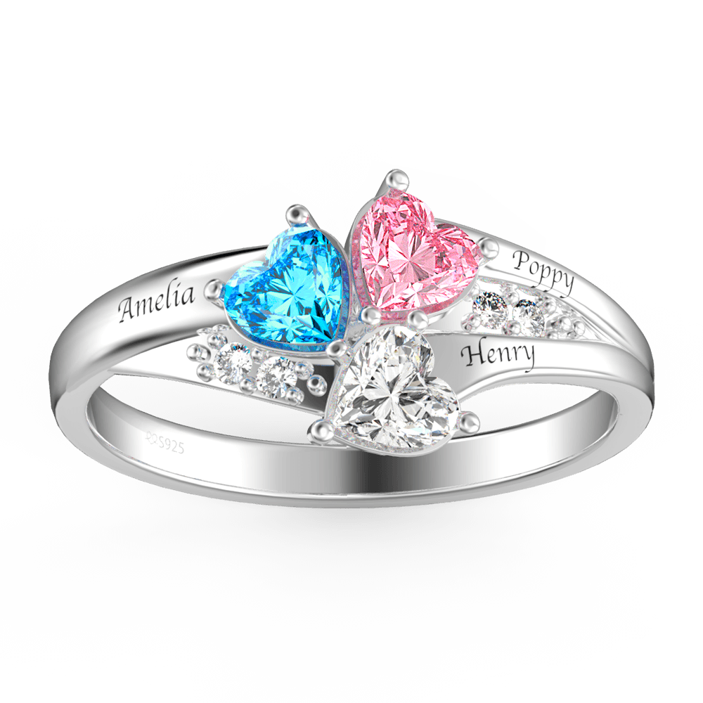 Personalized Heart Birthstone Mother's Ring with Engraving Silver