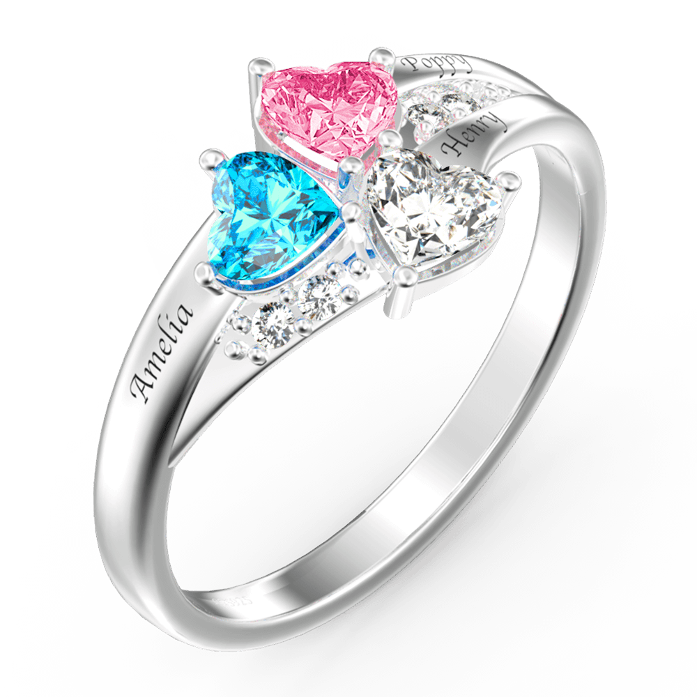 Personalized Heart Birthstone Mother's Ring with Engraving Silver