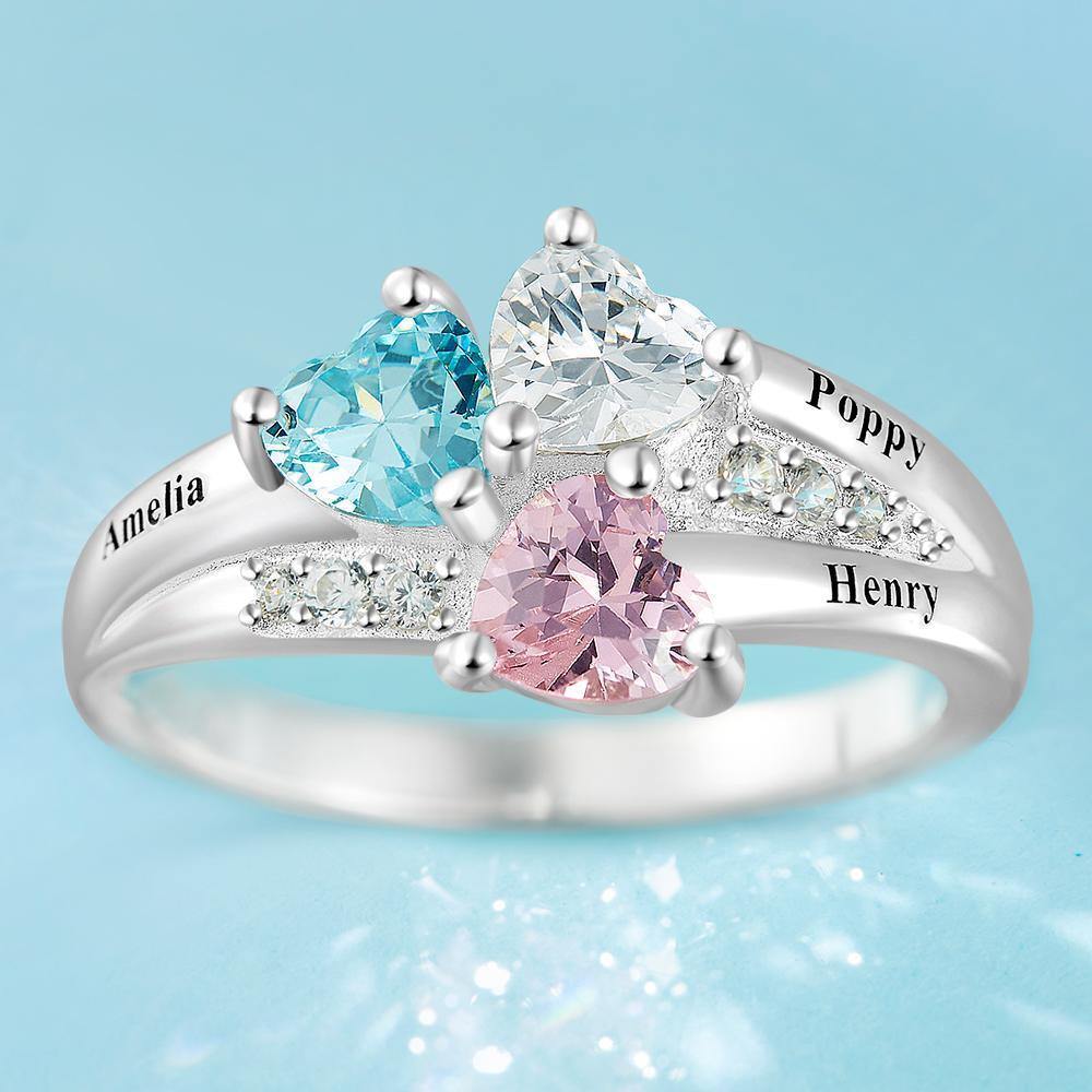 Personalized Heart Birthstone Mother's Ring with Engraving Silver