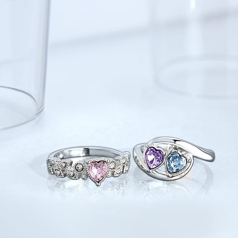 Personalised Birthstone Two Hearts Love Ring Silver