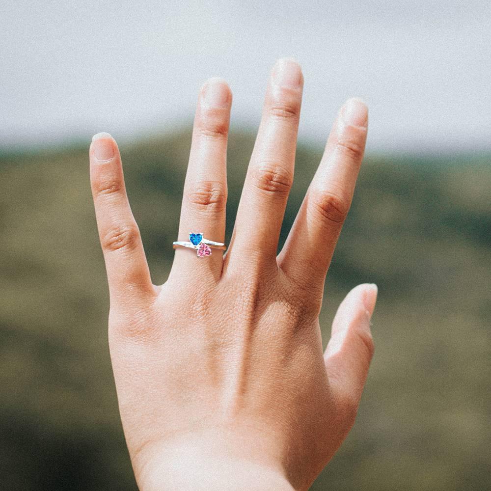 Personalised Birthstone with Engraving Double Heart promise Ring Silver