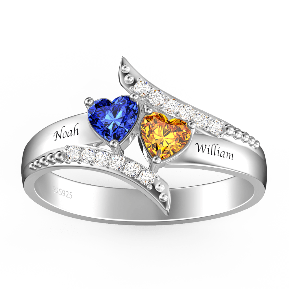 Engraved Double Heart Birthstone Promise Ring Silver