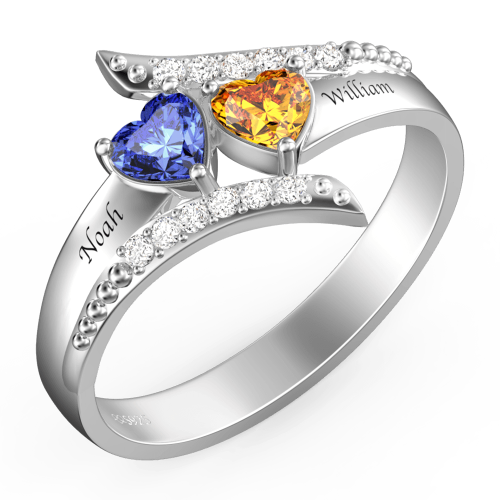 Engraved Double Heart Birthstone Promise Ring Silver