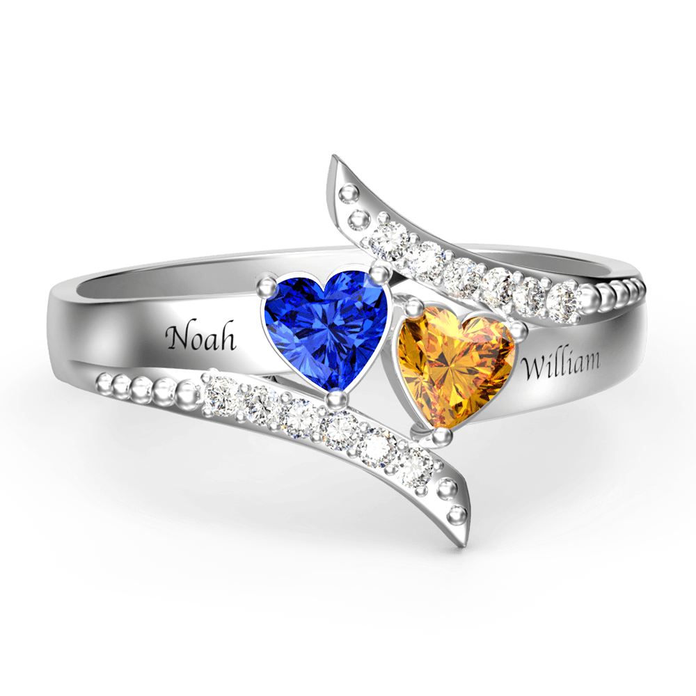 Engraved Double Heart Birthstone Promise Ring Silver