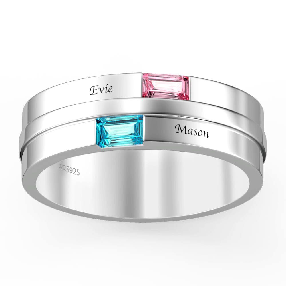 Men's Personalised Birthstone Promise Ring with Engraving Platinum Plated Silver