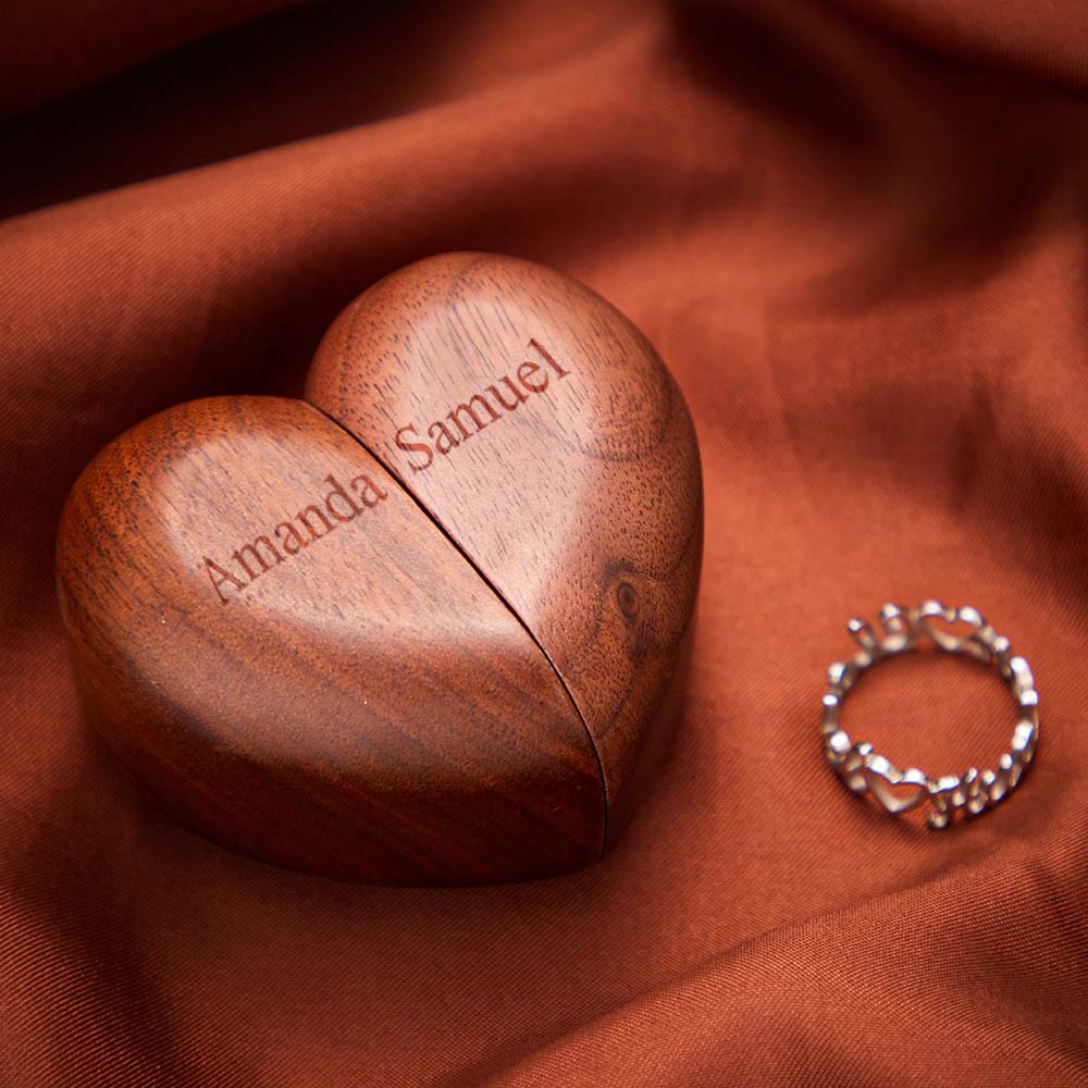 Personalized Heart-Shaped Engraved Ring Box Wooden Double Rings Wedding Ring Holder - soufeelus