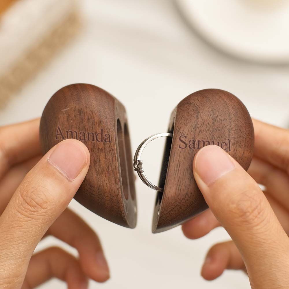 Personalized Heart-Shaped Engraved Ring Box Wooden Double Rings Wedding Ring Holder - soufeelus