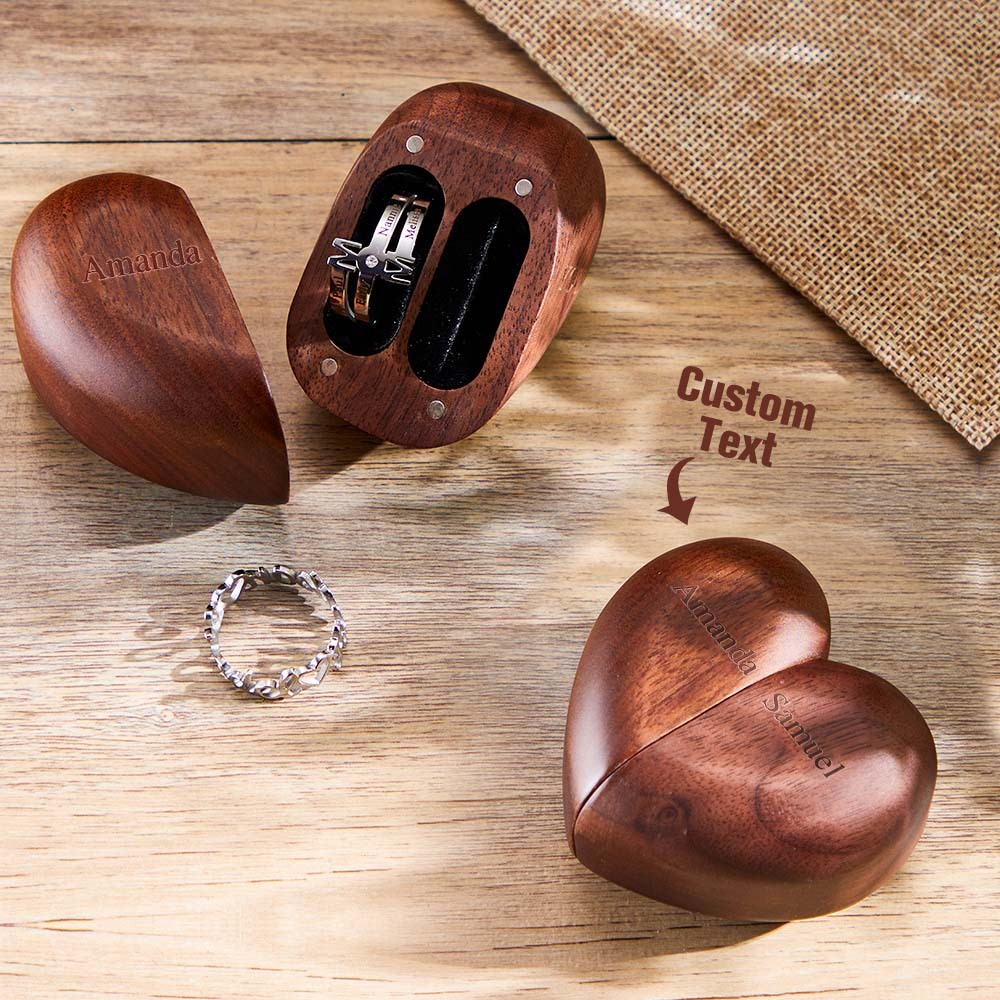 Personalized Heart-Shaped Engraved Ring Box Wooden Double Rings Wedding Ring Holder - soufeelus