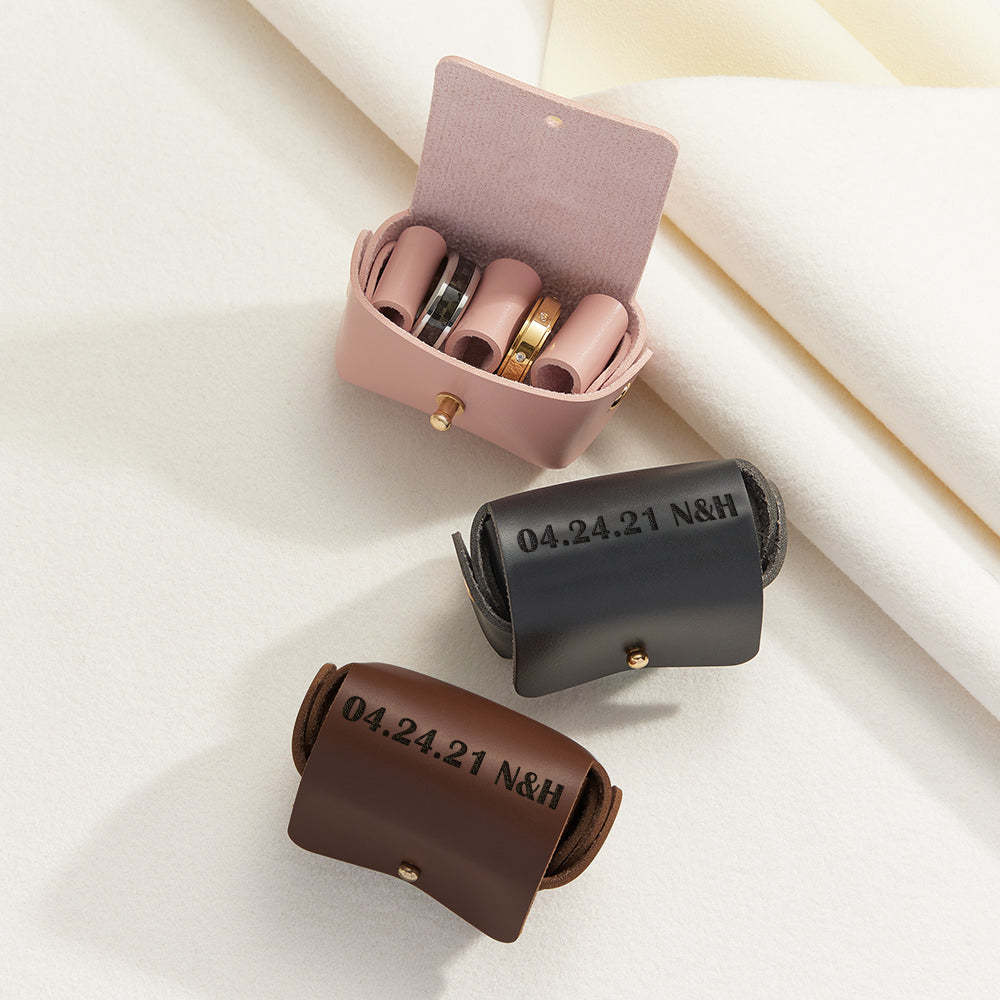 Personalized Leather Wedding Ring Pouch Custom Engraved Double Rings Box - soufeelus