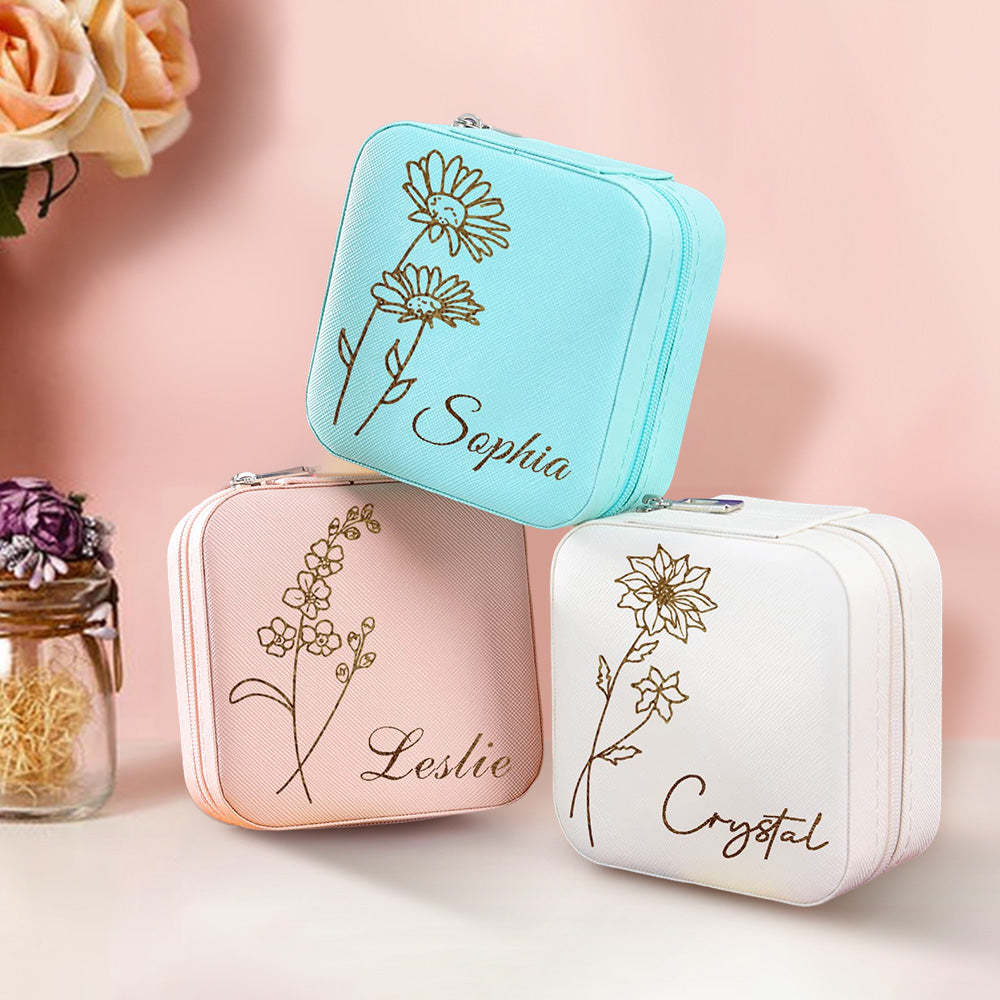 Personalized Birth Flower Jewelry Box Custom Leather Jewelry Organizer Storage Gift for Her - soufeelus