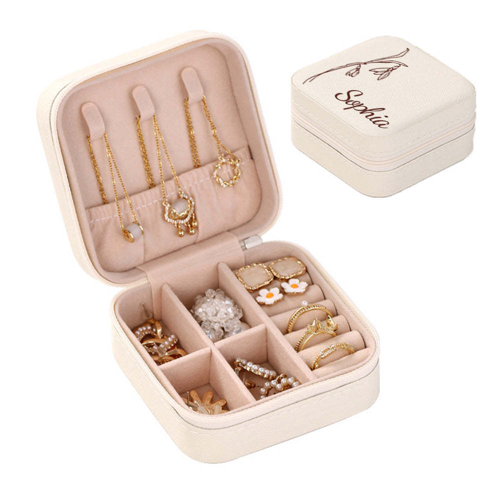 Personalized Birth Flower Jewelry Box Custom Leather Jewelry Organizer Storage Gift for Her - soufeelus